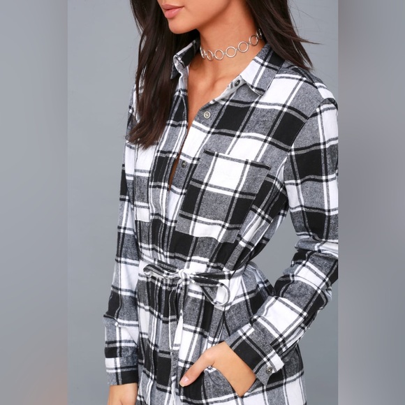 NWT Lulus Sequoia Park Black and White Plaid Flannel Shirt Dress - Picture 4 of 10